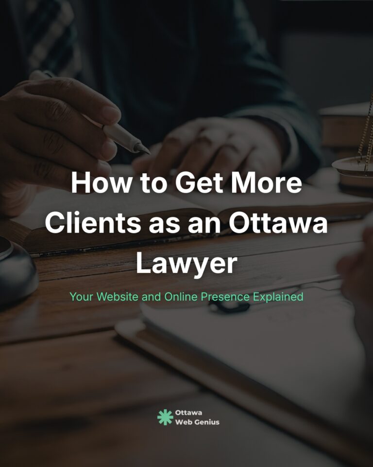 Promotional image for an Ottawa lawyer guide: hands writing at a desk with bold title about getting more clients, and Ottawa Web Genius logo at the bottom.