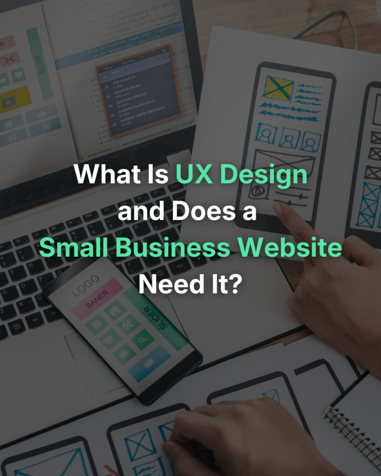 Desk with a laptop, smartphone, and hand-drawn wireframes; title about UX design for small business websites.